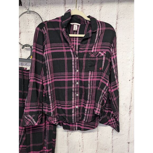 Victorias‎ Secret Shimmer Cotton Flannel Long Sleeve Pajama Set Black Pink Plaid - Picture 2 of 13